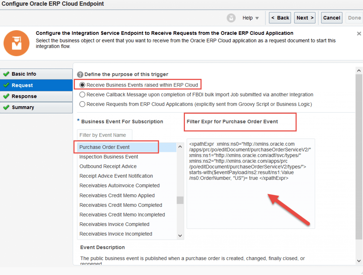 Adding Event Filter in OIC Business Events based Process Cloud