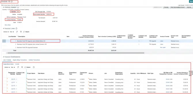 Projects Contracts Expenditure query for invoice in Oracle Fusion